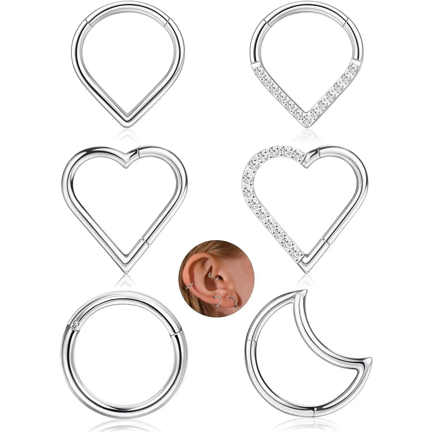 FLORIDECO 6 Pcs Surgical Steel Daith Piercing Jewelry Gold for Women Men Hypoallergenic Cartilage Nose Conch Rook Tragus Helix Hoop Piercing Jewelry CZ Moon Heart Teardrop Seamless Hinged Clicker Septum Rings 16G Cubic Zirconia, Unisex, Seamless Hoop,summ