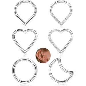 FLORIDECO 6 Pcs Surgical Steel Daith Piercing Jewelry Gold for Women Men Hypoallergenic Cartilage Nose Conch Rook Tragus Helix Hoop Piercing Jewelry CZ Moon Heart Teardrop Seamless Hinged Clicker Septum Rings 16G Cubic Zirconia