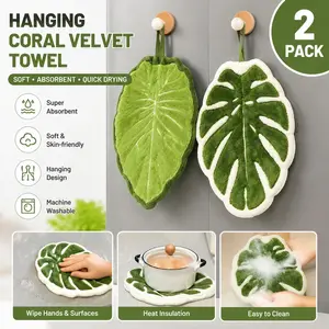 2pcs Monstera Deliciosa Hand Towel, Hanging Coral Fleece Towel, Heat Absorbing Lint-Free Kitchen Towel, Plant Themed Absorbent Cleaning Cloth