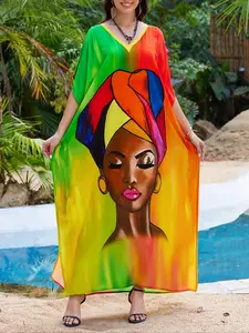 【plus Size】 Abstract Figure Print Kaftan Dress, Casual Chic Long Sleeve Cover Up Dress for Summer, Modesty Women's Clothes for Beach Holiday Vacation, Boho Caftan, Ethnic Print Kaftan