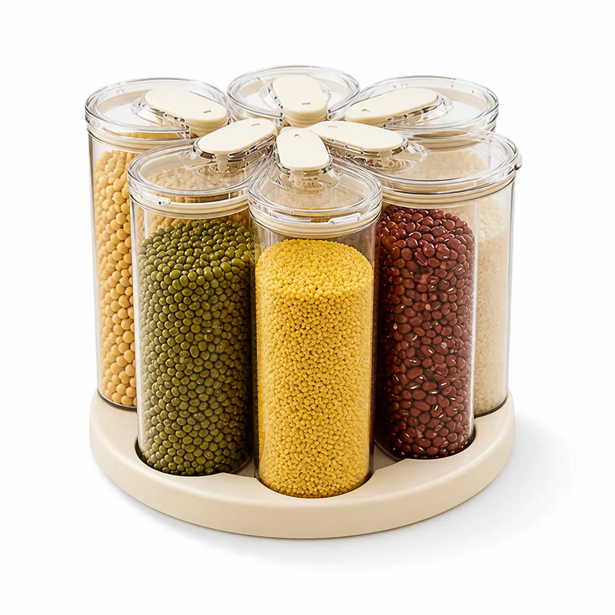 Kitchen 6-Piece Rotating Grain Storage Container Set - Pantry Organizer with Carousel Base, Space-Saving Moisture-Resistant Jars for Rice, Beans, Cereal