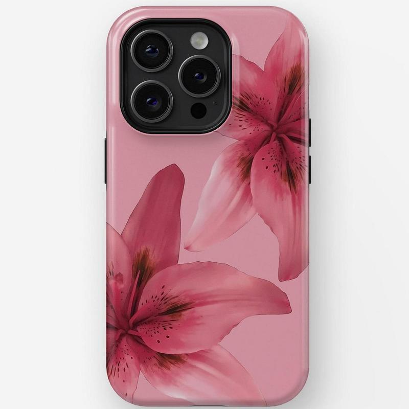 TIGER LILY CASE for iPhone 17,16, 15, 14, 13, 12 ProMax, Tough, Flower Phone case, Pink Lily Case Compatible with Samsung Galaxy S25