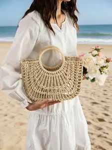 French Hollow Woven Straw Tote Handmade Large Capacity Summer Beach Vacation Bag for Women