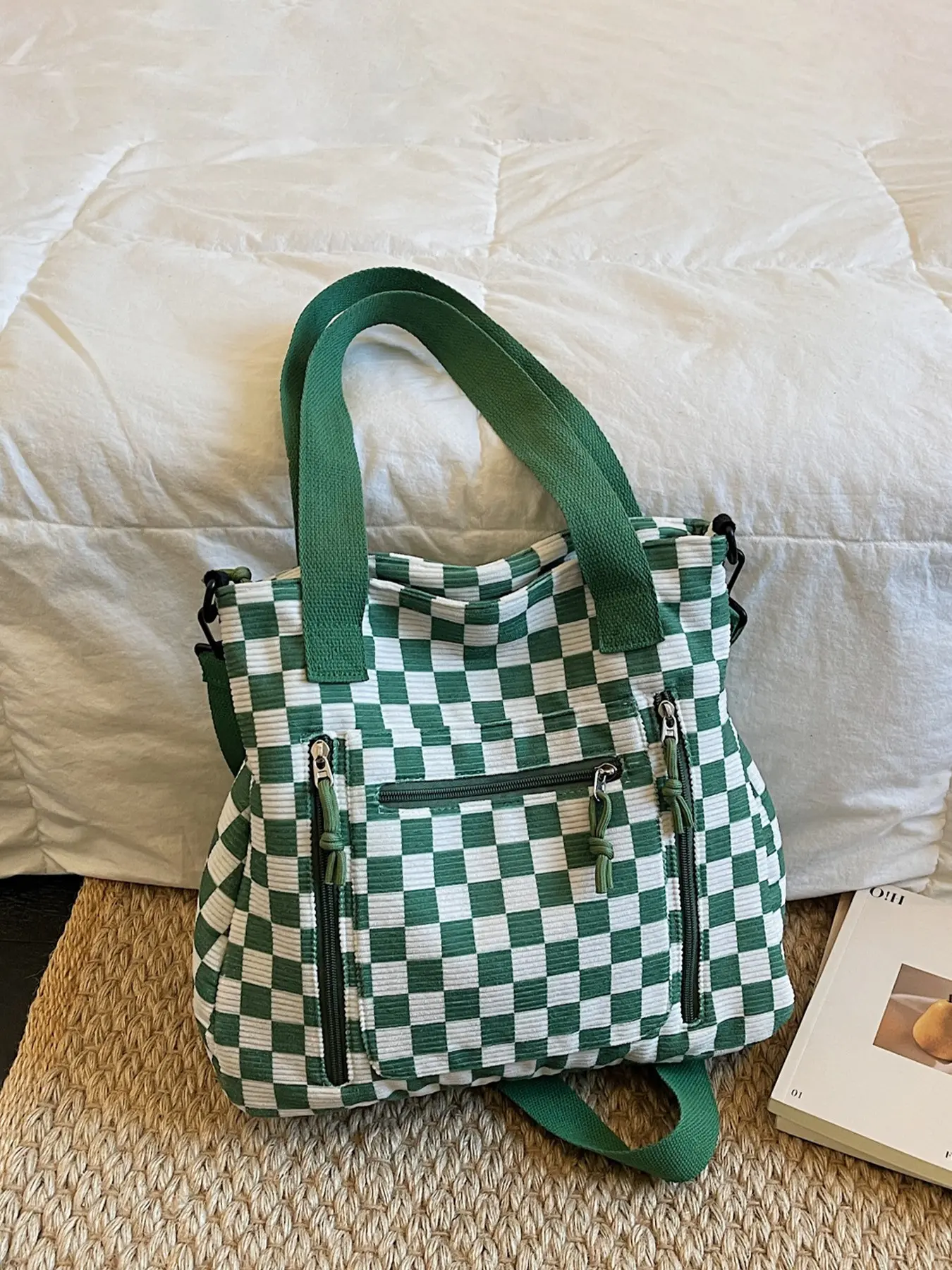 1pc Ladies' large capacity detachable shoulder strap crossbody bag, Checked crossbody bag, corduroy tote bag, vintage plaid casual shoulder bag, multi pocket zipper commuting bag, commuter crossbody bag, suitable for school, daily use, shopping