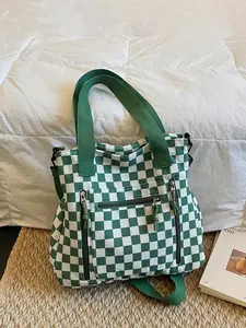 1pc Ladies' large capacity detachable shoulder strap crossbody bag, corduroy tote bag, vintage plaid casual shoulder bag, multi pocket zipper commuting bag, soft fabric student backpack, Casual trendy bag, suitable for school, daily use, shopping