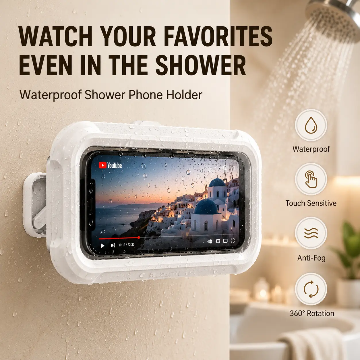 Waterproof Shower Phone Holder, 360° Rotating Touch Screen Phone Mount for Bathroom, Kitchen & Laundry