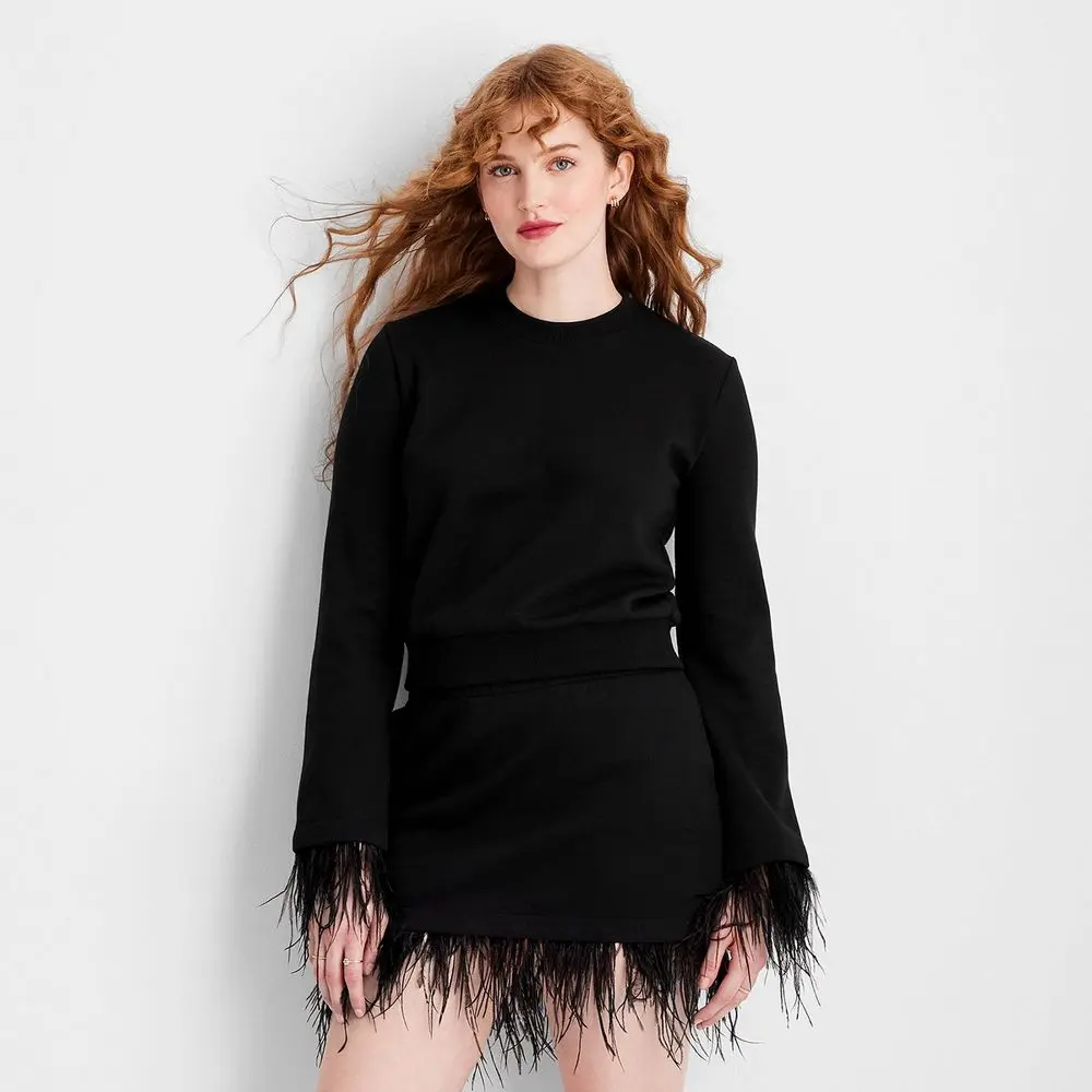 Women's Crewneck Feather Trim Sweatshirt - Future Collective Black XXS