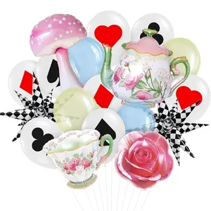 Teapot & Mushroom Balloon Kit with Rose, Checkered, and Poker Foils for Fairy Tea Party Decor