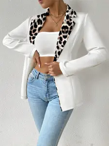 Women's Long Sleeve Leopard Patchwork Blazer Jacket, Single Button Waist Cinching, Unique Design Fashionable, Casual Business Party Wear Fit