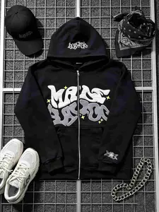 Graffiti Letter Print Zip-Up Hoodie, Y2K Hip Hop Streetwear Jacket, Men/Women Oversized Full-Zip Sweatshirt with Embossed Logo, Casual Harajuku Hooded Top Preppy Coat