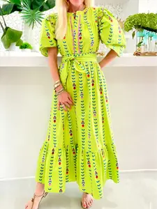 Womens Green Maxi Dress Puff Sleeve Boho Spring Dress Belted Flowy Dress Easter Outfit Mothers Day Dress Vacation Resort Dress