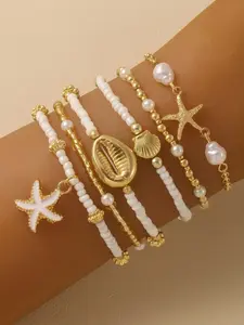 6-Piece Ocean Element Bracelet Set, Boho Beach Style, Pearl Shell Starfish Beads, Plastic Chain, All Seasons, Bohemian Vacation Vibes