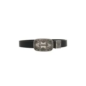 Markgong Vintage Carved Plate Buckle Belt in Black