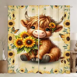 2pcs Creative Highland Cow and Sunflower Print Curtains, Blackout Blinds, Polyester Fabric, Kitchen Bedroom Office Living Room Decor
