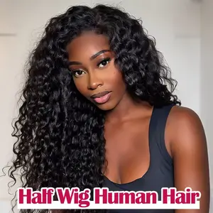 Deep Curly 3 In 1 Half Wig 30 32 Inch Human Hair Glueless Wig Loose Deep Wave Halfwig  Ready To Wear 180 Density Half Wigs With Drawstring Brazilian Human Hair Kinky Curly Glueless Wig