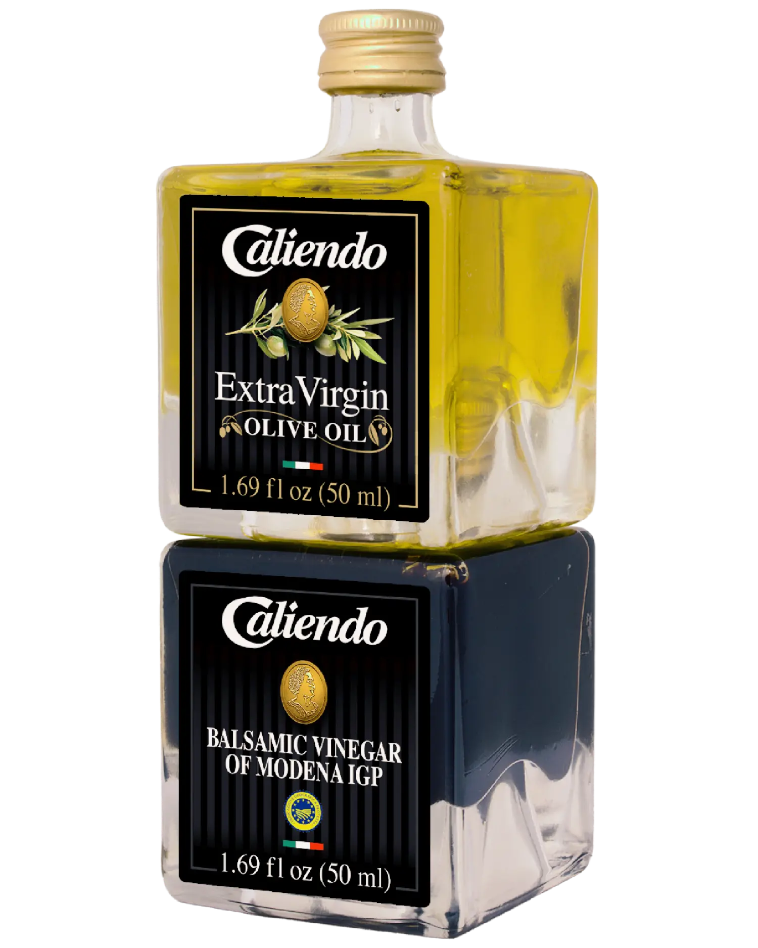 Caliendo NEW! Premium Extra Virgin Olive Oil & Balsamic Vinegar of Modena IGP Stackable Set, Authentic Italian - 3.38 fl oz Glass Bottles