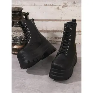 's Day Women's Square Toe Solid Color Lace Up Ankle Platform Boots, Casual Comfortable Platform Boots Daily Wear, Female All-match Trend Shoes Winter