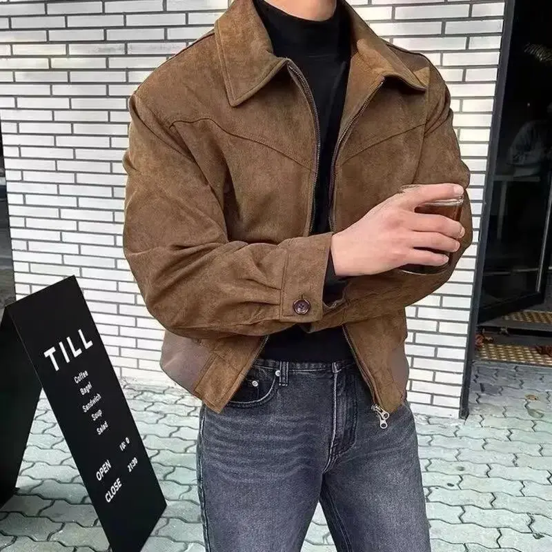 Men's Maillard Suede Coat, Vintage American Style Lapel Top in Coffee Brown for Autumn Winter, Regular Fit Durable Menswear, Short, Tops, Durable Wear, Traditional