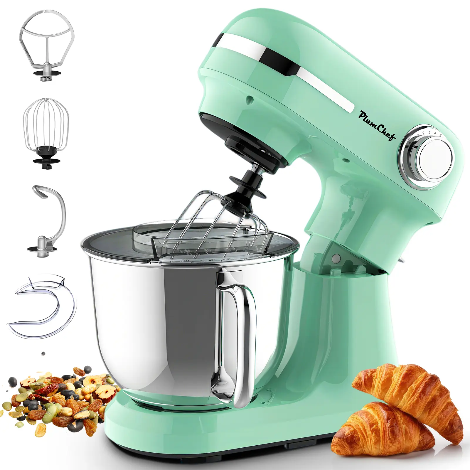 5.5QT/4.5QT Dual Bowls Electric Stand Mixer, 12-Speed Tilt-Head Food Mixer, 350W Dough Mixer with Dishwasher Safe Stainless Steel Bowls, Dough Hook, Flat Beater, Whisk, Splash Guard, Mint Green