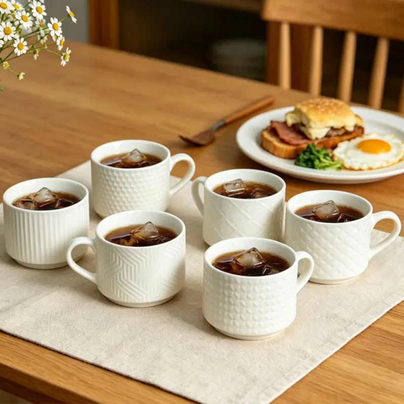 Assorted embossed ceramic mugs, 6-piece set, various 3D textures, pure white, for home coffee and water