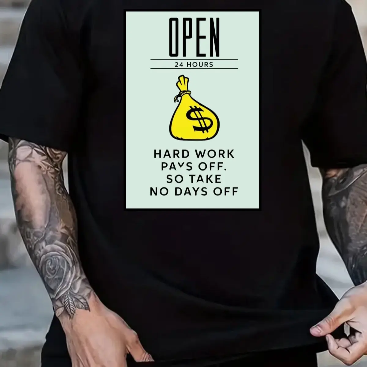 Monopoly Inspired open 24 hrs take no days off T-Shirt, Short Sleeve Crewneck