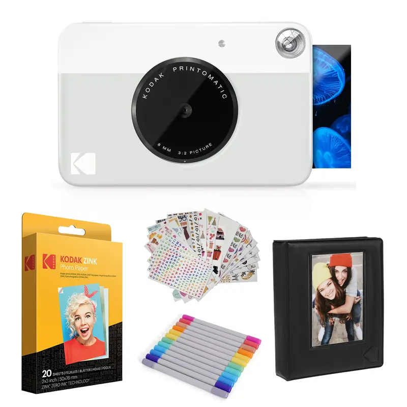 Kodak Portable Mini Printomatic Wireless Instant Camera Printer - Grey Pocket Camera Gift Bundle with 20 Zink Sheets, Auto Focus Lens, Tear-Resistant Photo Album, Adhesive Backing Stickers & Accessories (Plastic, Compact)