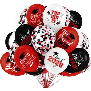 2026 Red & Black Graduation Decorations Set - 63Pcs Graduation Grad Latex Balloons with Ribbons, Congrats Grad Caps for College & High School Party Supplies