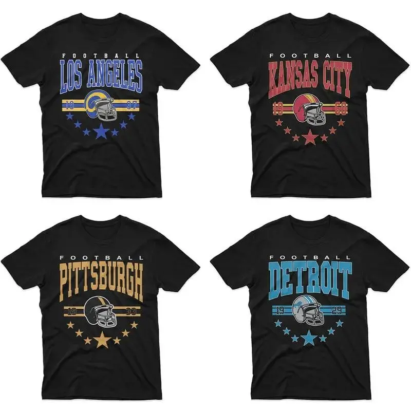 All 32 Teams Vintage Football T-Shirt - Black Color - Bold Retro Fan Apparel for Game Day, Showing Ultimate Team Pride Menswear Casual Game Hometown T-Shirt Comfortable Football Graphic tees
