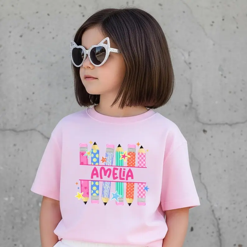 (DM or NOTE) Youth Personalized Pencil Name Tee, Custom Name Pencil Back to School Shirt, First Day of School T-Shirt, Kids School Tshirt