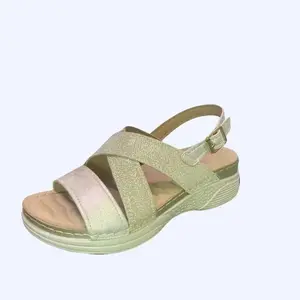 N.g.n.d Women's Elegant Open-Toe Wedge Heel Sandals - Faux Leather Inner, Crisscross Straps, Adjustable Buckle, Washed Textured Platform, Lightweight Gold/Pewter, Ankle-Height Casual Summer Walking Shoes (9e6547-1)