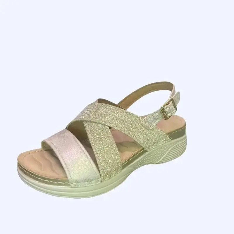 N.g.n.d Women's Elegant Open-Toe Solid Plain Wedge Heel Sandals - Faux Leather Lining, Crisscross Straps, Adjustable Buckle, Washed Textured Platform, Lightweight Gold/Pewter Ankle-Height Casual Summer Shoes (9e6547-1), Design, Stylish, Footwear, Walking,