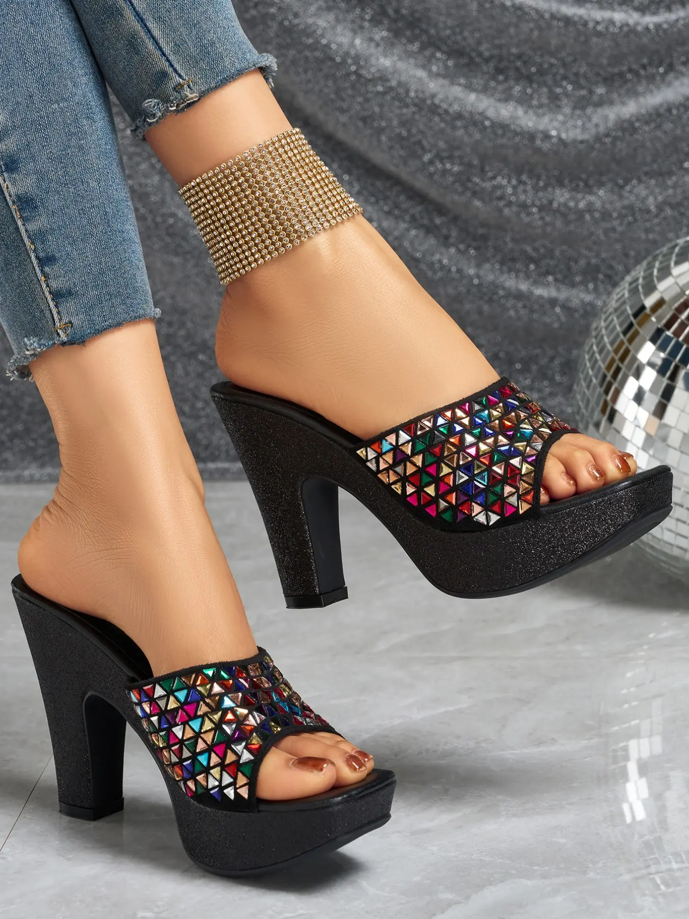 Elegant Women's Rhinestone Open Toe High Heel Sandals, Cone Heel, Square Toe, Medium Width, Plain Pattern, Outer Wear, Fashionable Rhinestone Sandals