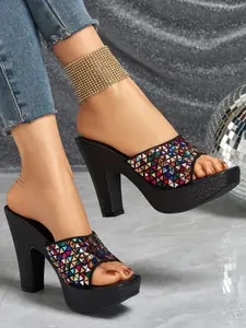 Elegant Women's Rhinestone Open Toe High Heel Sandals, Cone Heel, Square Toe, Medium Width, Plain Pattern, Outer Wear