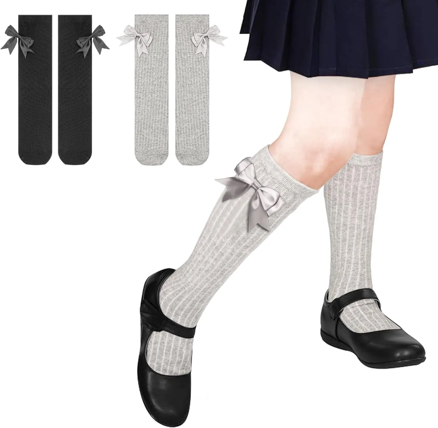 Girls Socks, 2 Pairs Girls Knee High Socks with Bows 4-12 Years | Soft Cotton, School Uniform Long Socks, Breathable, Black, White, Grey