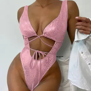 Shiny Snake Print Cut‑Out One‑Piece Swimsuit, Sexy Lace‑Up High‑Cut Bikini, Plus Size Women Swimwear