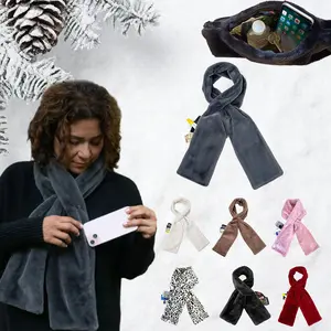 Faux Fur Scarf with Hidden Zipper Pocket, Soft Cozy Warm Pocket Scarf for Hands-Free Storage Phone, Valuables
