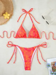 Women's Floral Print Bikini Set, Casual Fashion Chic Swimsuit Set for Beach Holiday Vacation, Ladies Swimwear for Summer, Tie Side Bikini, Floral Bikini Bottom