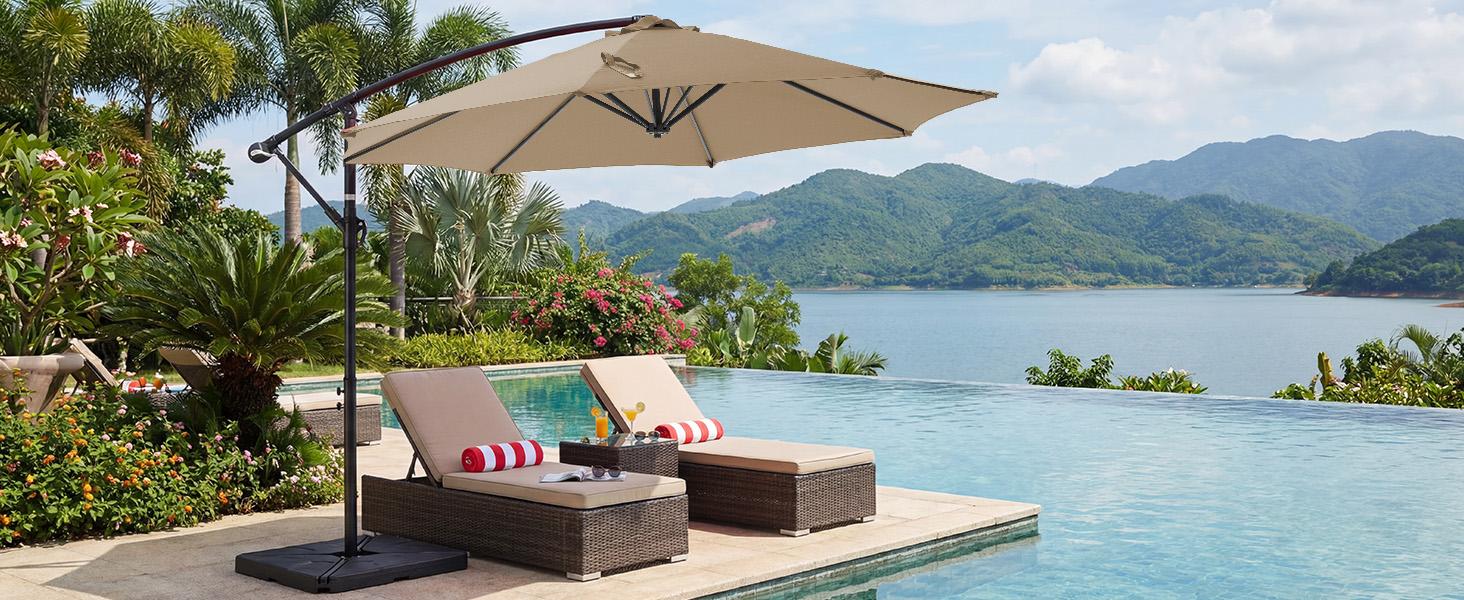 【With Base】10ft Offset Outdoor Patio Umbrella with Base, Easy Tilt & Crank, Adjustable Polyester Shade for Garden, Backyard, Poolside 【With Base】10ft Offset Outdoor Patio Umbrella with Base, Easy Tilt & Crank, Adjustable Polyester Shade for Garden, Backyard, Poolside