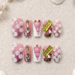 Divineluxe Nails｜10PCS 100% Handmade Press-On Nails｜Reusable Colorful Art Acrylic Stylish｜Luxury Y2K Floral Money｜D149 1.0 Inch