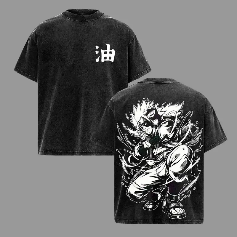 Men's Oversized Jiraiya Sage Mode Heavy Cotton Vintage Acid Washed Graphic T-Shirt - Y2K Streetwear Unisex Menswear, Oil Kanji Japanese Manga Retro Pop Culture Apparel, Ninja Cosplay Gift for Anime Fans, Tshirt