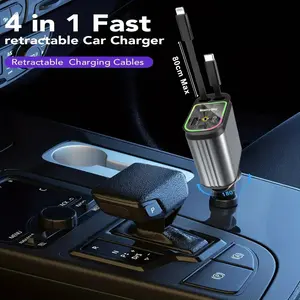 4-in-1 Retractable Car Charger with Starlight Roof Light, Dual Type-C & Lightning Fast Charging Ports for iPhone 15/14/13 Pro Max, iPad & Android