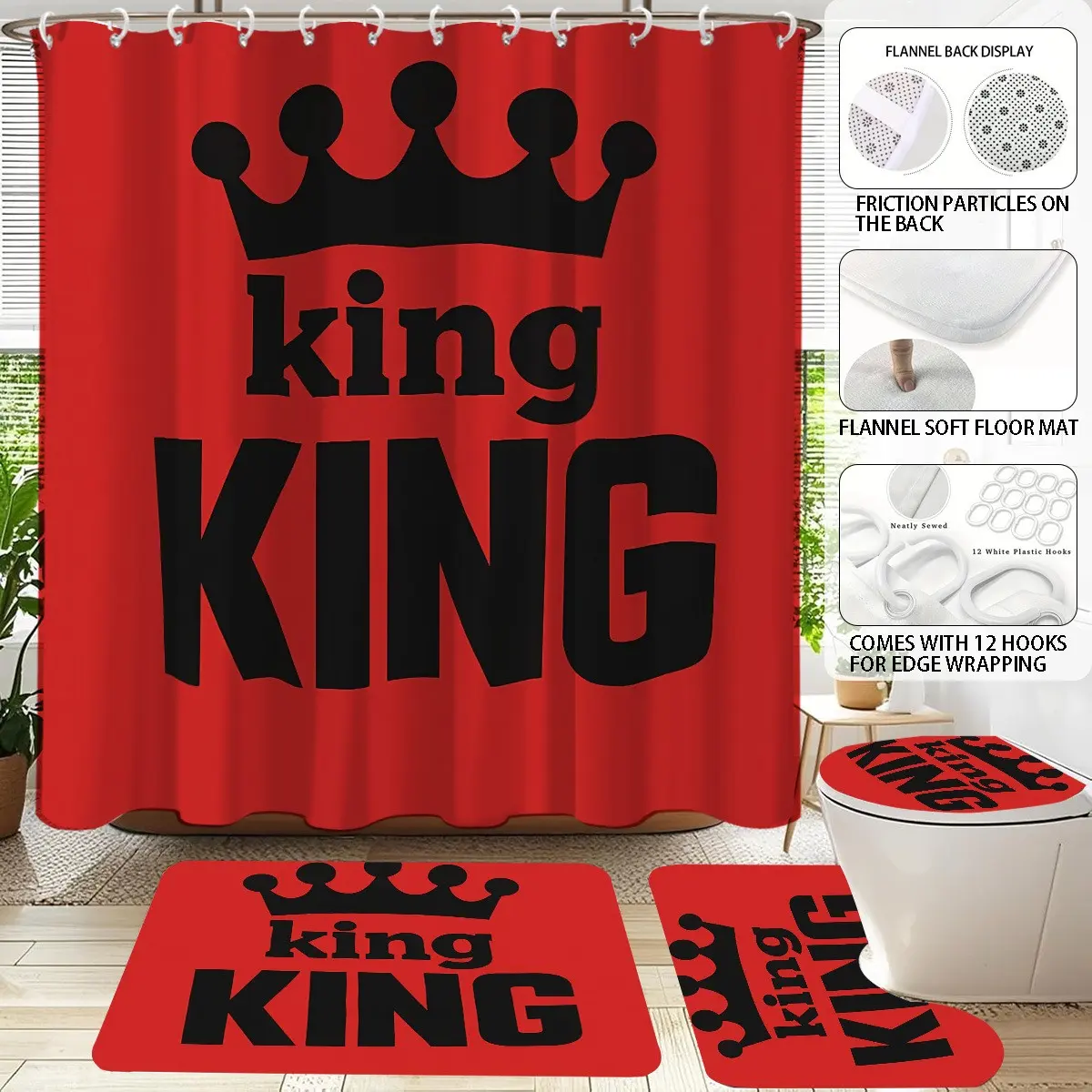 1/4Pcs Red Black King Crown Shower Curtain Set, 71×71 Inch Curtain with 12 Hooks, Toilet Lid Cover, Rectangular Mat & U-Shaped Non-Slip Mat, Bold Letter Masculine Bathroom Decor