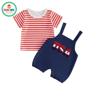 Baby Girls Independence Day Pants Sets Short Sleeve Stars/Stripe Print Tops Suspender Pants Summer Outfits
