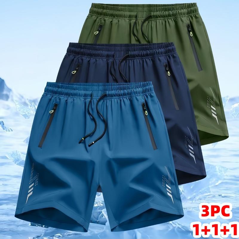 Men’s 3-Pack Ice Silk Quick Dry Active Shorts, Lightweight Elastic Waist Drawstring Multi-Colored Shorts with Zip Pockets, Water Resistant for Running, Beach Wear, Zip Pocket