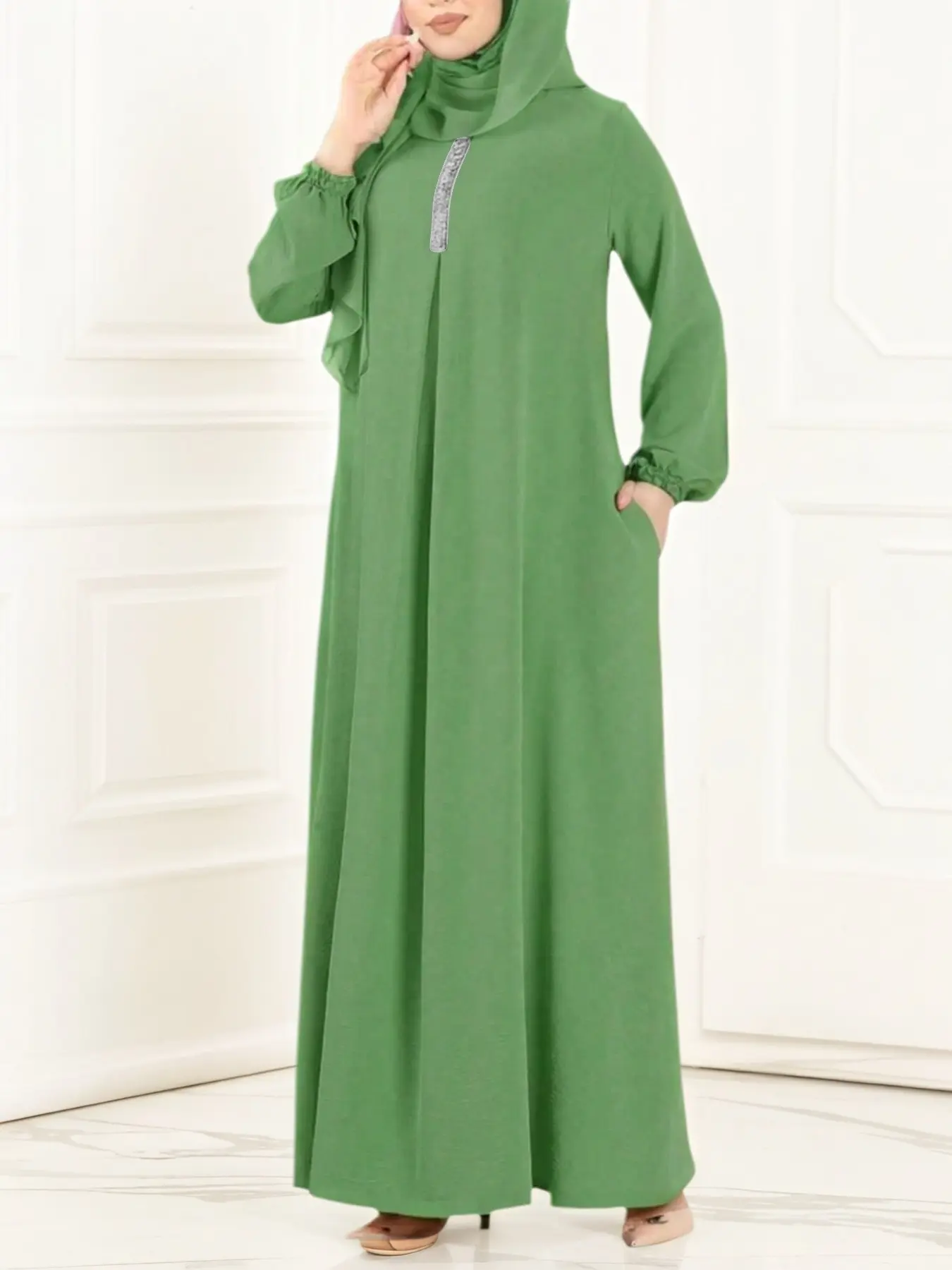 Women's Plain Round Neck Lantern Sleeve Casual Abaya Dress, Loose-Fit Woven  Fabric, All-Season Fashion, Moderate Thickening, Loose Abayas - TikTok Shop
