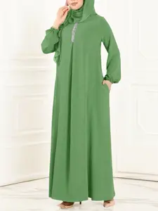 Women's Plain Round Neck Lantern Sleeve Casual Abaya Dress, Loose-Fit Woven Fabric, All-Season Fashion, Moderate Thickening, Loose Abayas