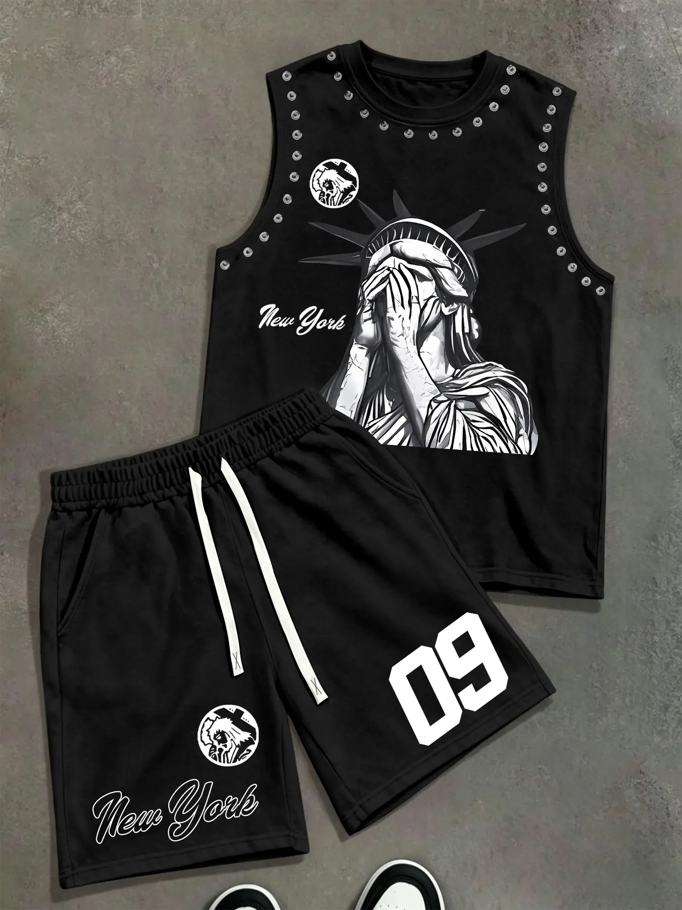 Men's New York Theme Print Sleeveless Tank Top & Shorts Matching Set, Loose Fit Breathable Two-Piece, Casual Streetwear Daily Wear