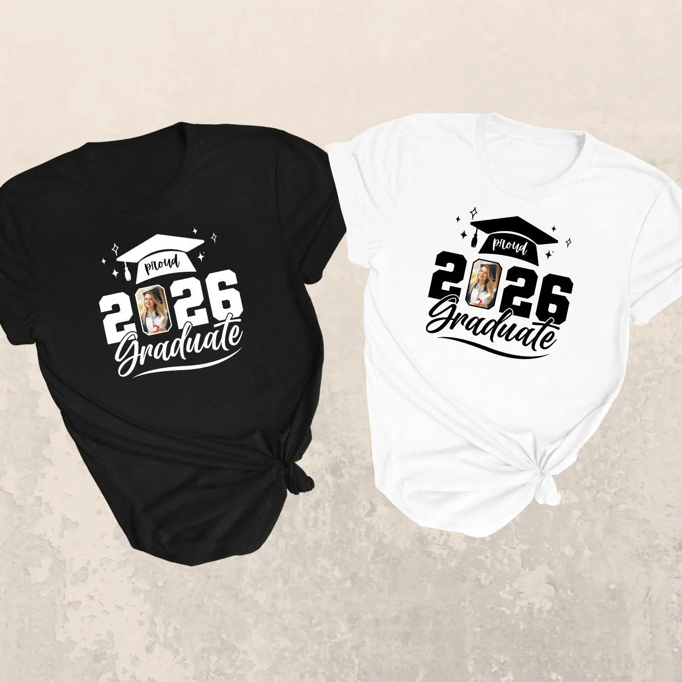 Custom proud graduate class of 2026 shirt featuring personalized photo, classic unisex jersey tee for high school or college graduation, soft cotton stylish t-shirt for family celebration group photos, memorable senior year tshirt gift design