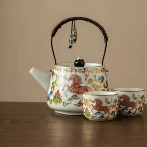 Teapot and Cup Set with Handle for Home Use Kung Fu Tea Set Featuring Vibrant Horse Design and Elegant Handle