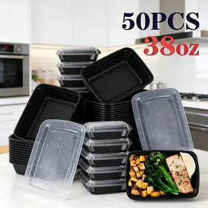 Sumimervibes, 50 Pieces, 38 oz, Black Rectangular Food Storage Containers, Lunch Boxes, Disposable Plastic Portable Lid Containers, Lunch Boxes, Stackable, Kitchen Organizing and Storage Supplies, Outdoor Camping summervibes